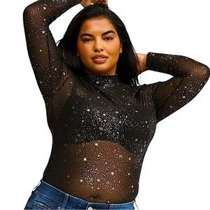 TORRID Sheer Mesh Mock Neck Long Sleeve Top w/Gold Sparkly Stars NWT‎
